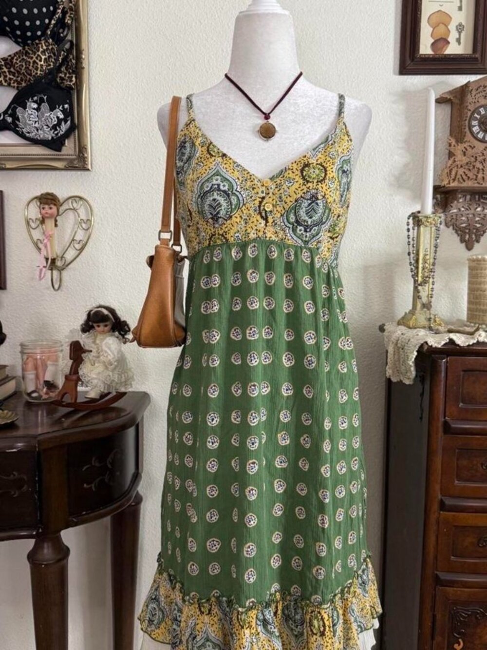 Y2k boho whimsical paisley babydoll knee length dress